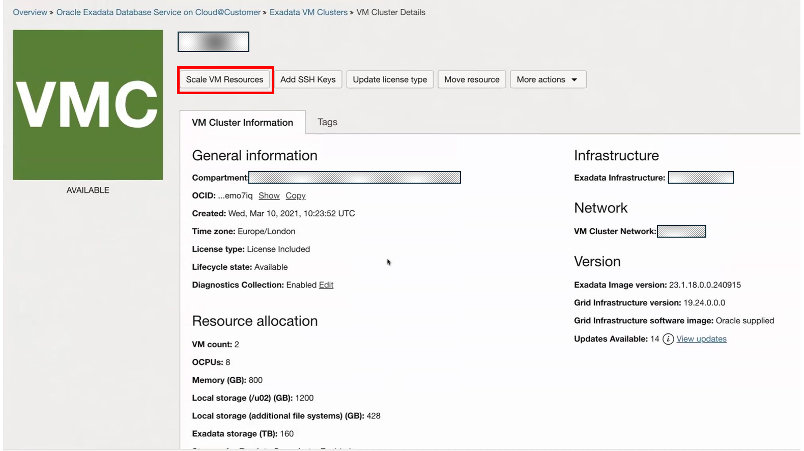 Immagine che mostra le informazioni sul cluster VM