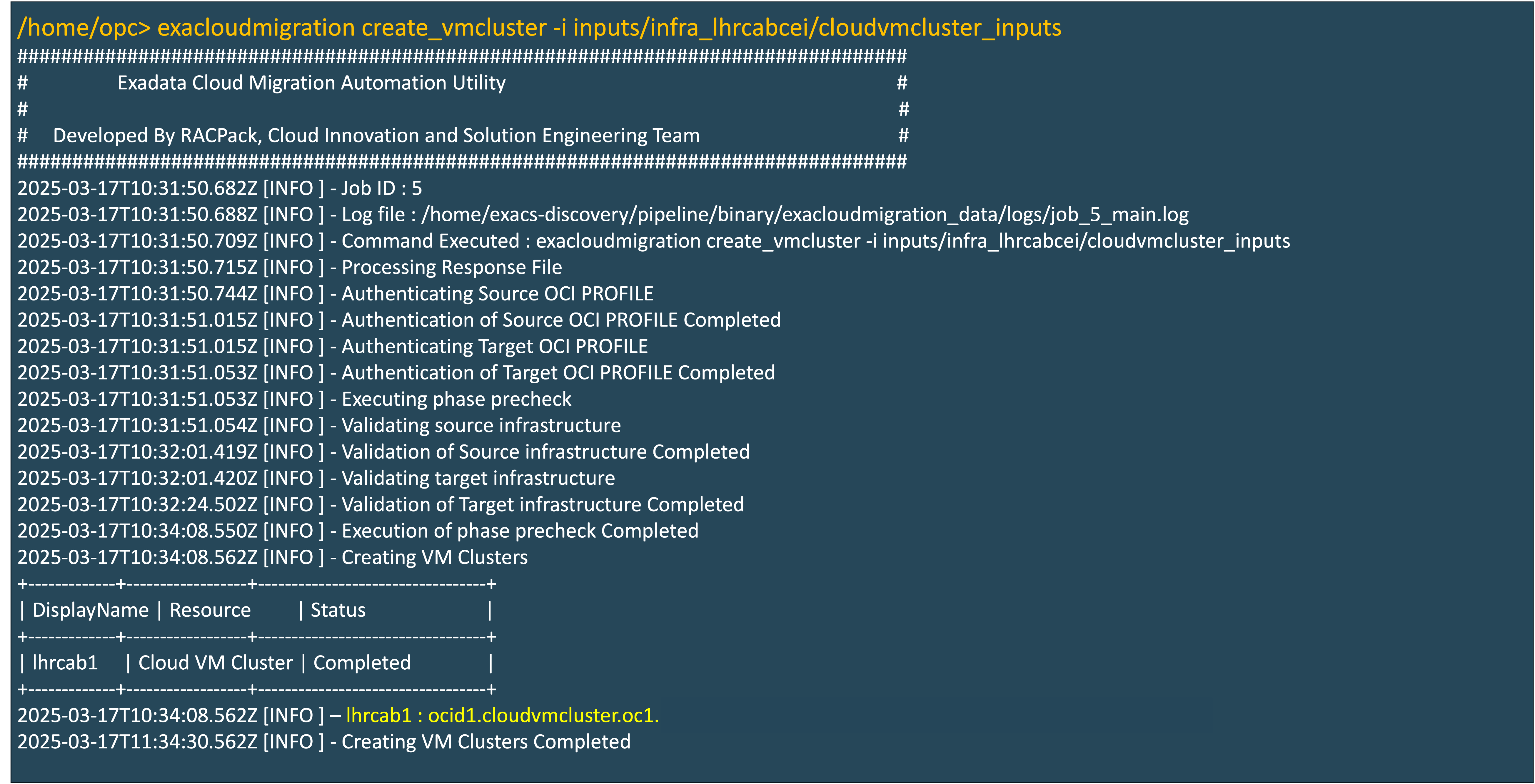 Immagine che mostra la creazione del cluster VM cloud