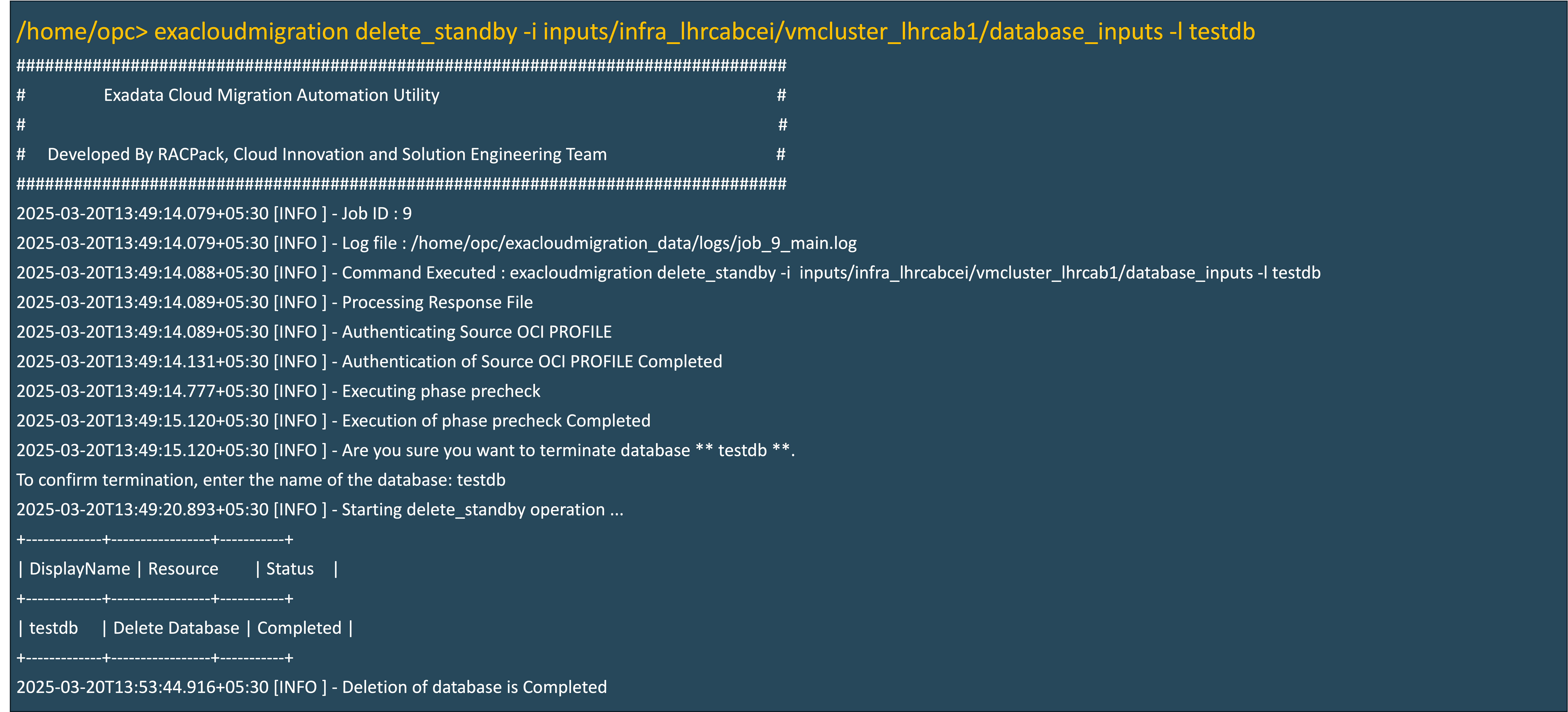 Immagine che mostra l'eliminazione del database di standby