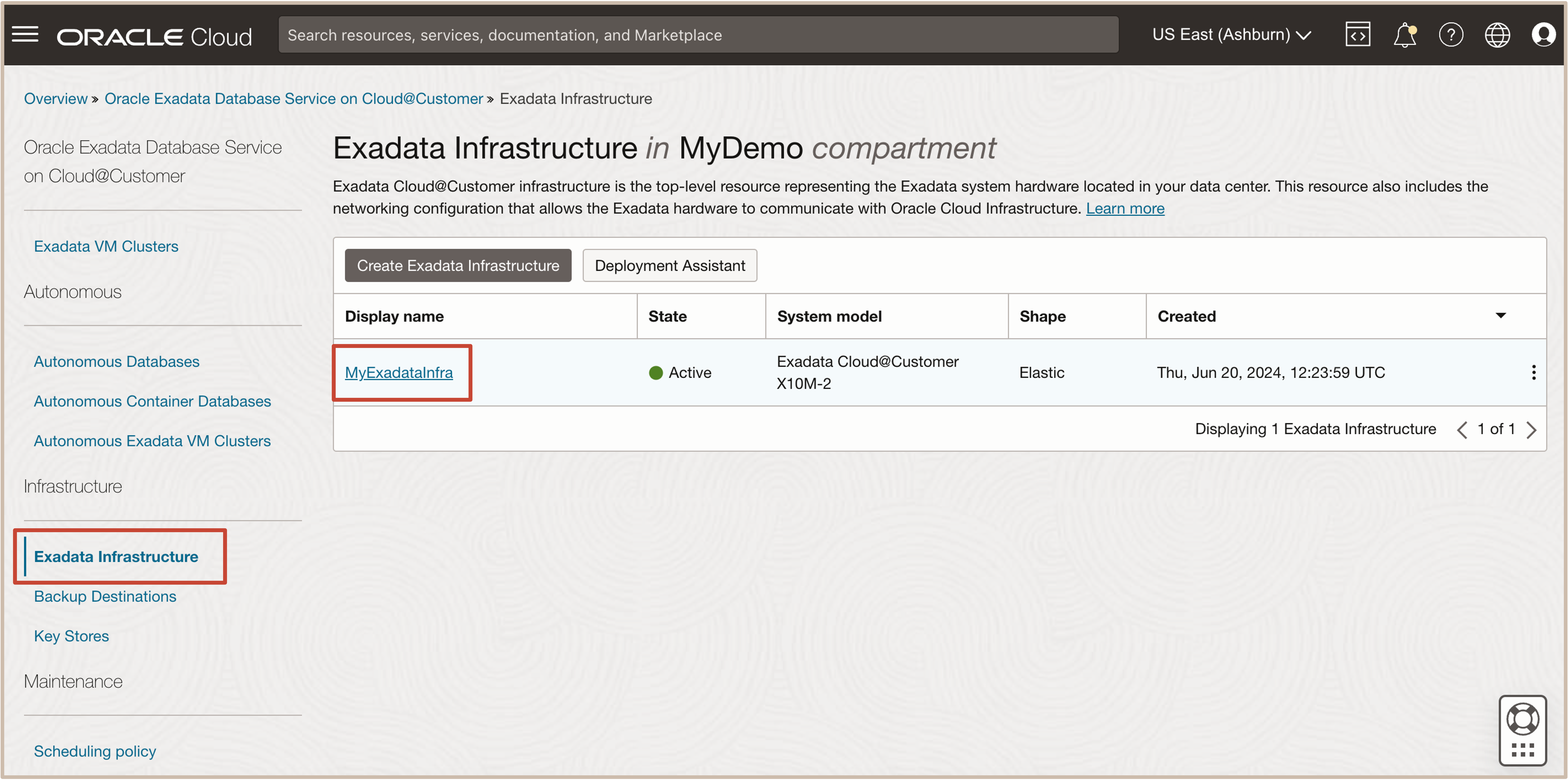 Immagine che mostra la selezione dell'infrastruttura exadata