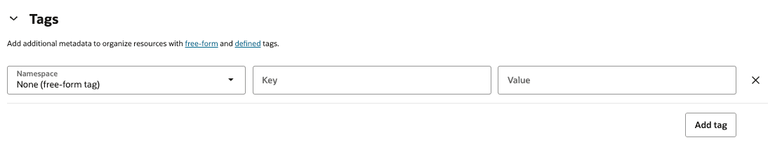 Immagine che mostra le opzioni avanzate di Crea Oracle database - Tag