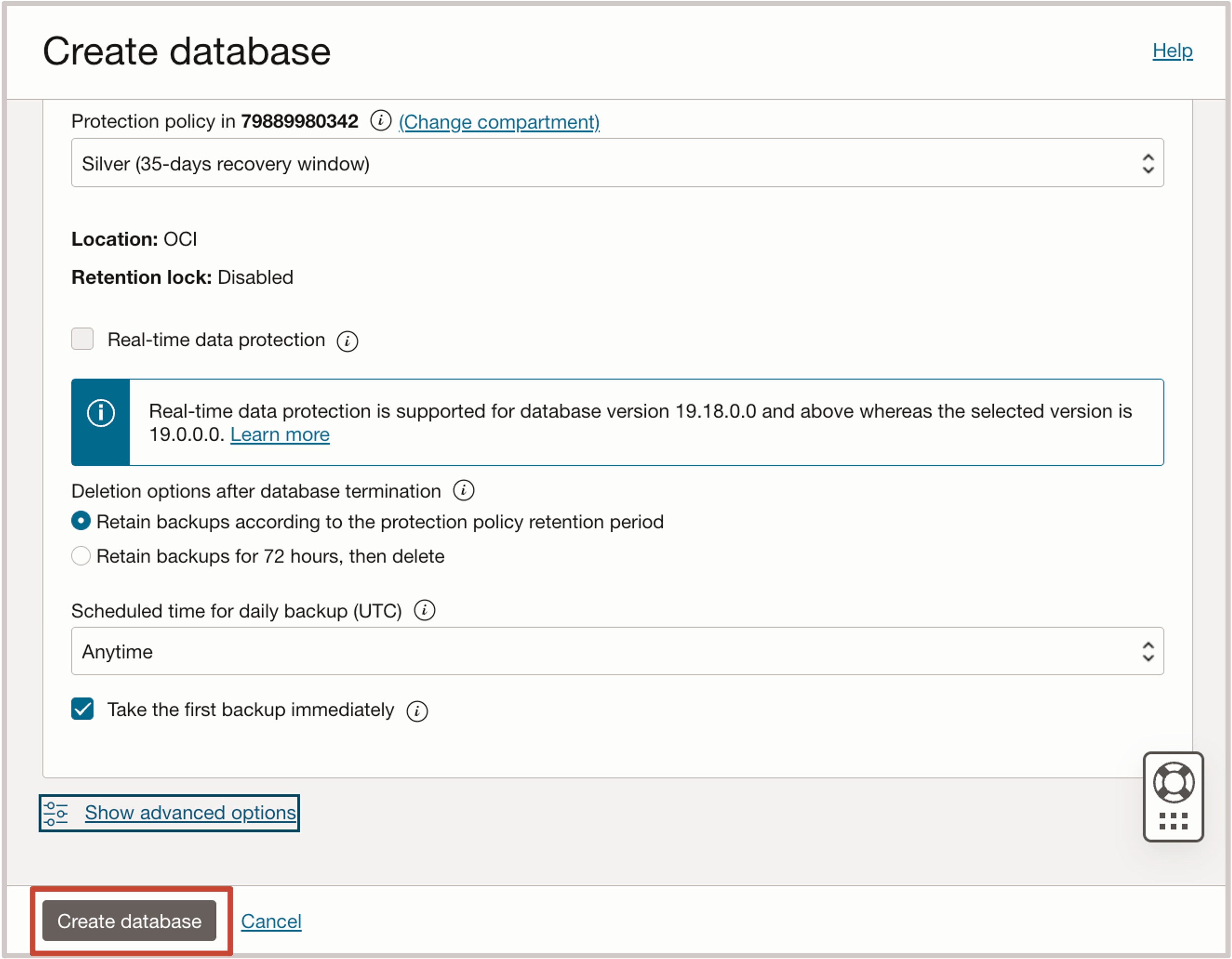 Immagine che mostra il pulsante Crea database