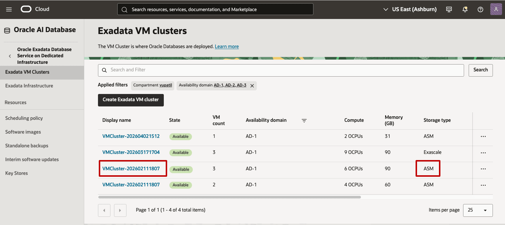Immagine che mostra la pagina Cluster VM Exadata in cui l'utente può scegliere un cluster VM Exadata esistente utilizzando lo storage ASM per ridimensionarlo