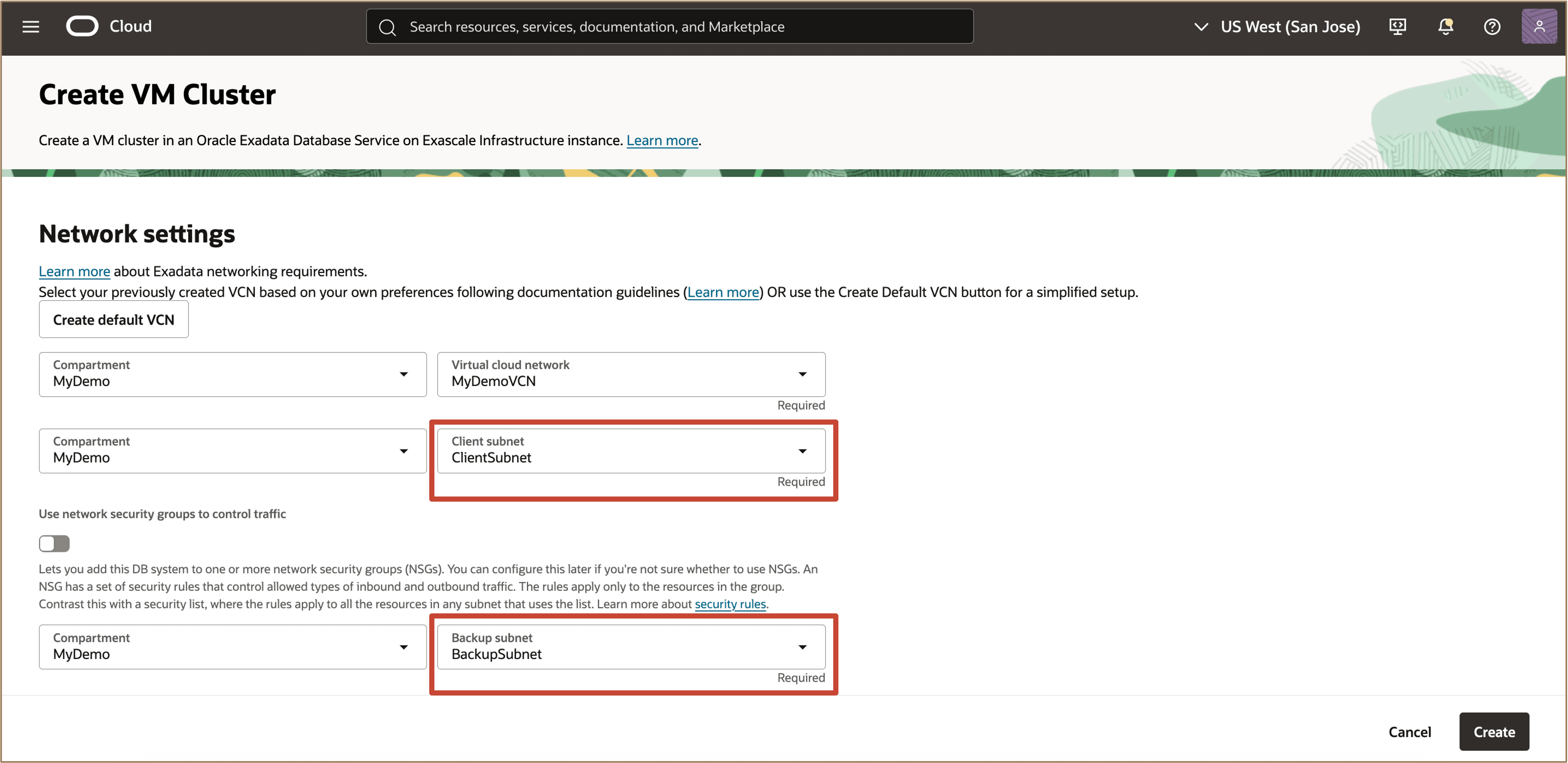 Immagine che mostra la selezione della subnet del client e del backup