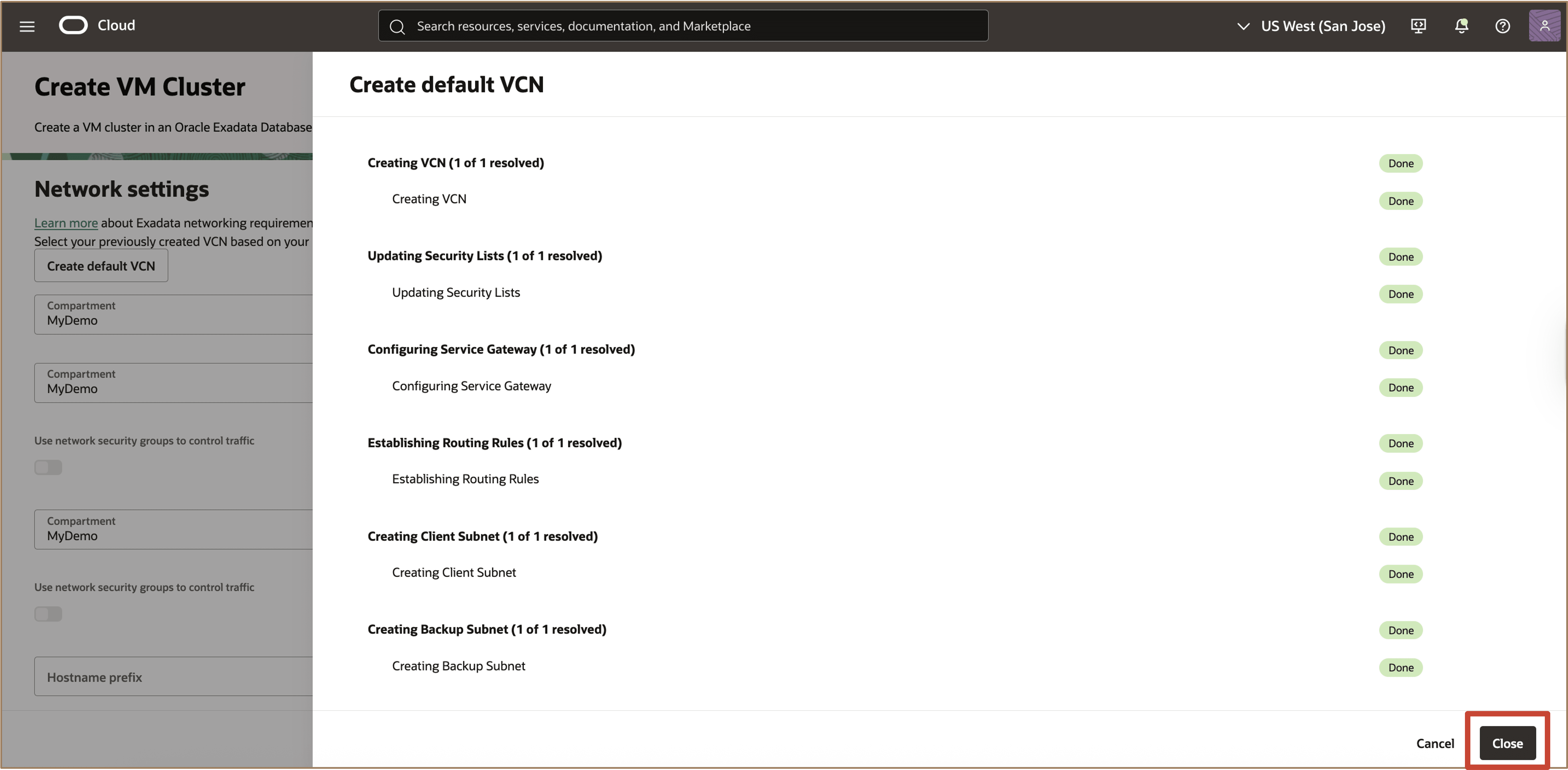 Immagine che mostra lo stato di creazione della VCN