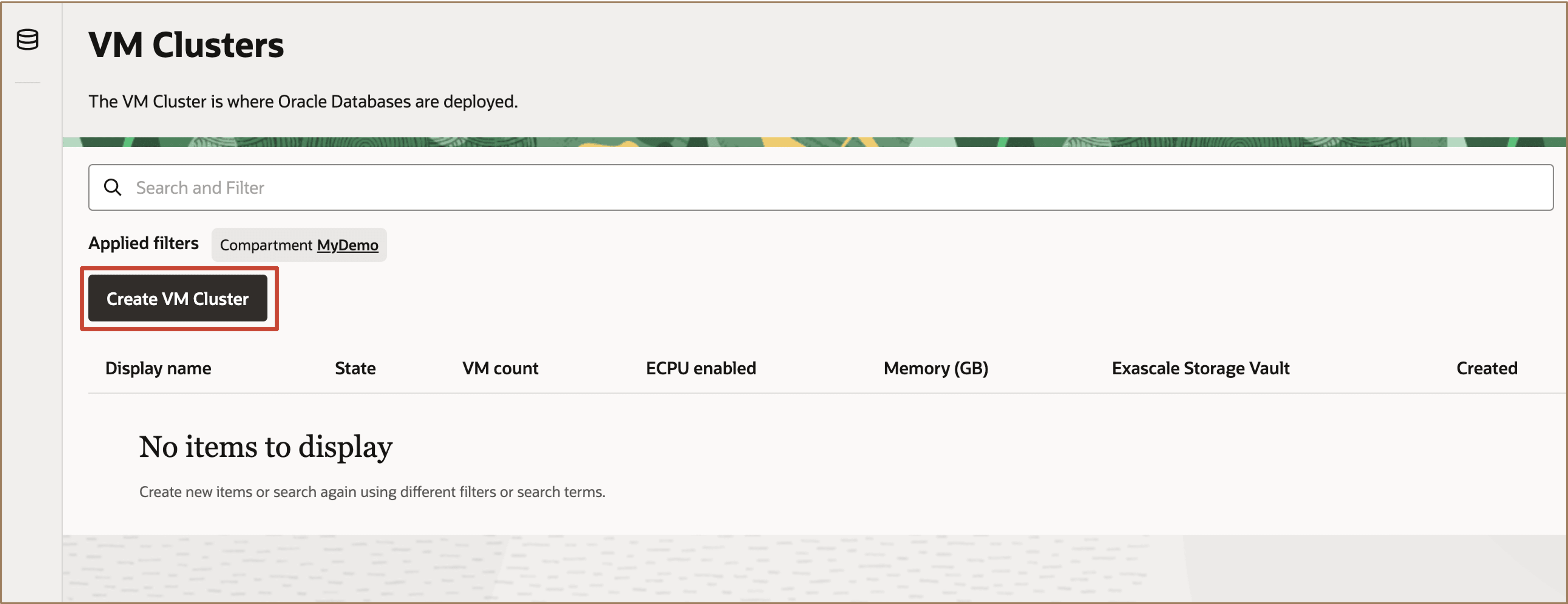 Immagine che mostra l'opzione per creare un cluster VM Exadata