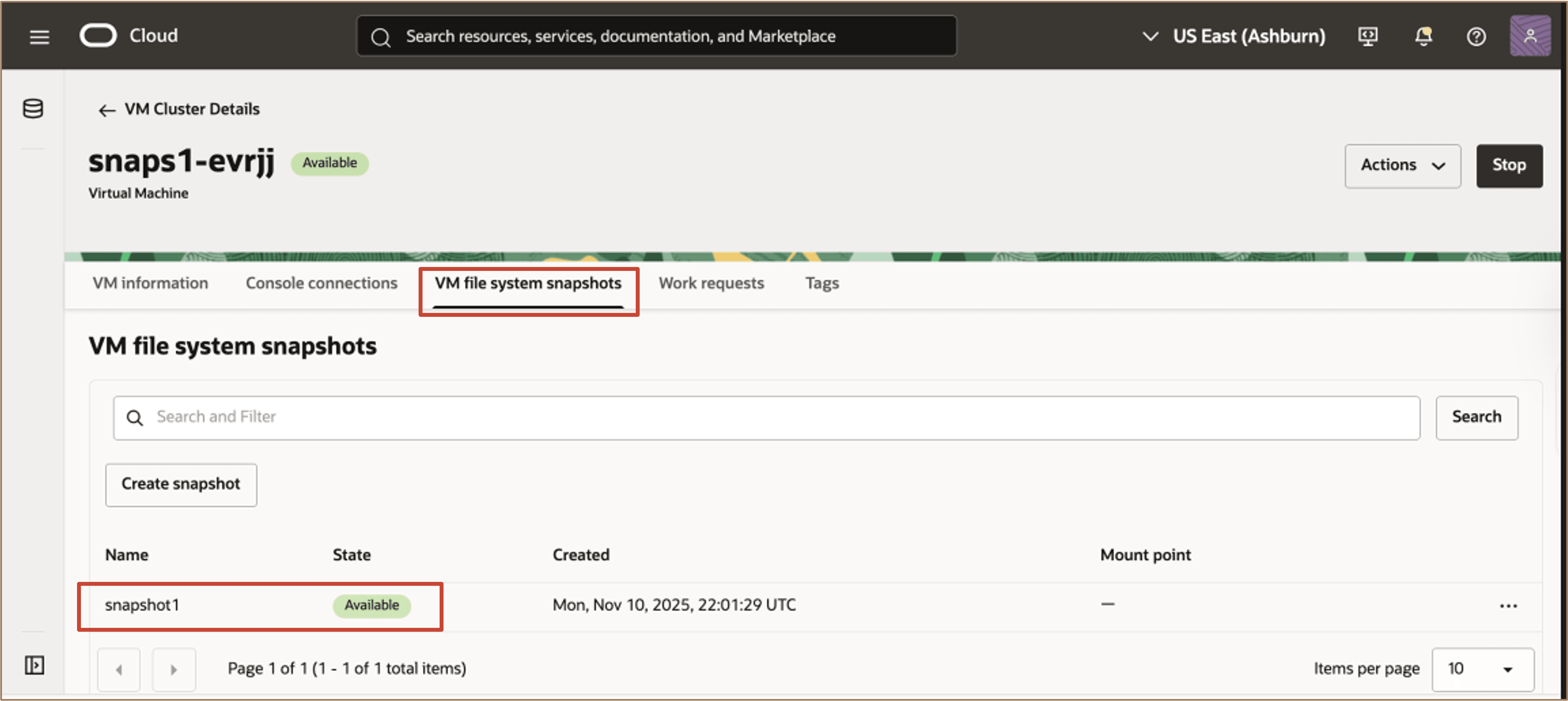 Immagine che mostra lo snapshot del file system VM creato