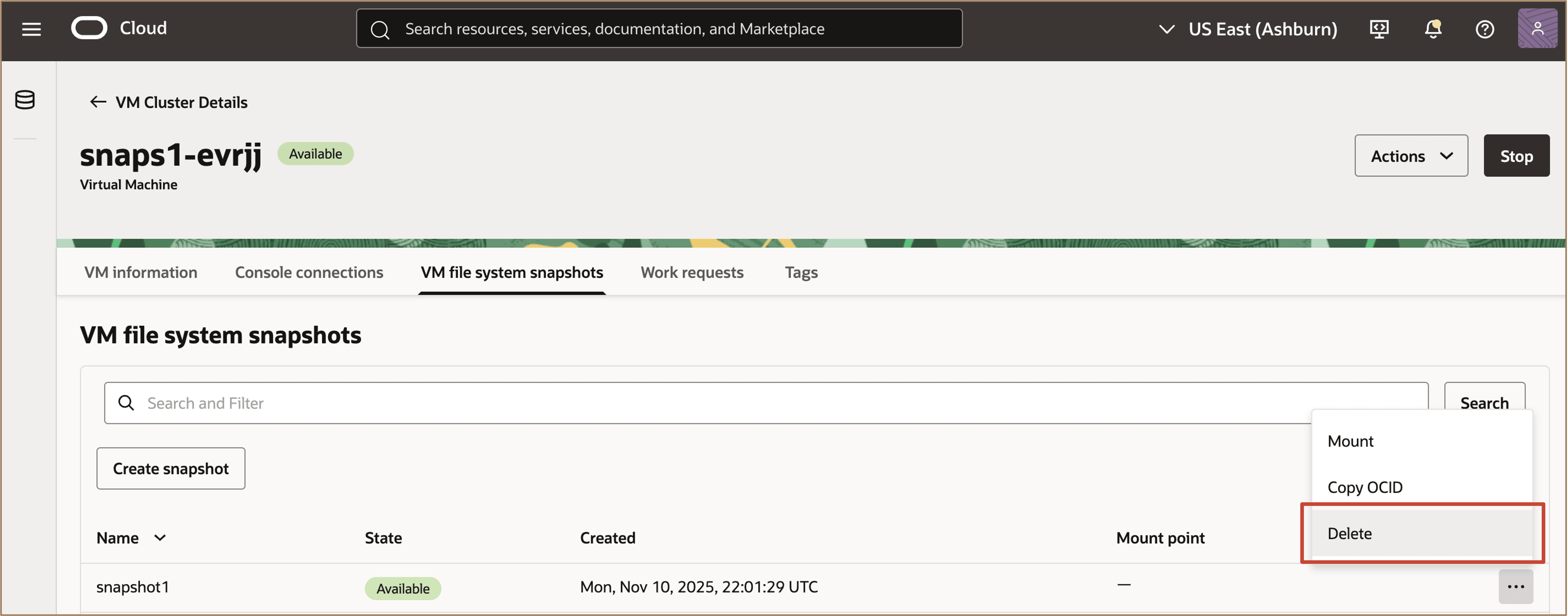 Immagine che mostra l'operazione di disinstallazione dello snapshot del file system VM completata