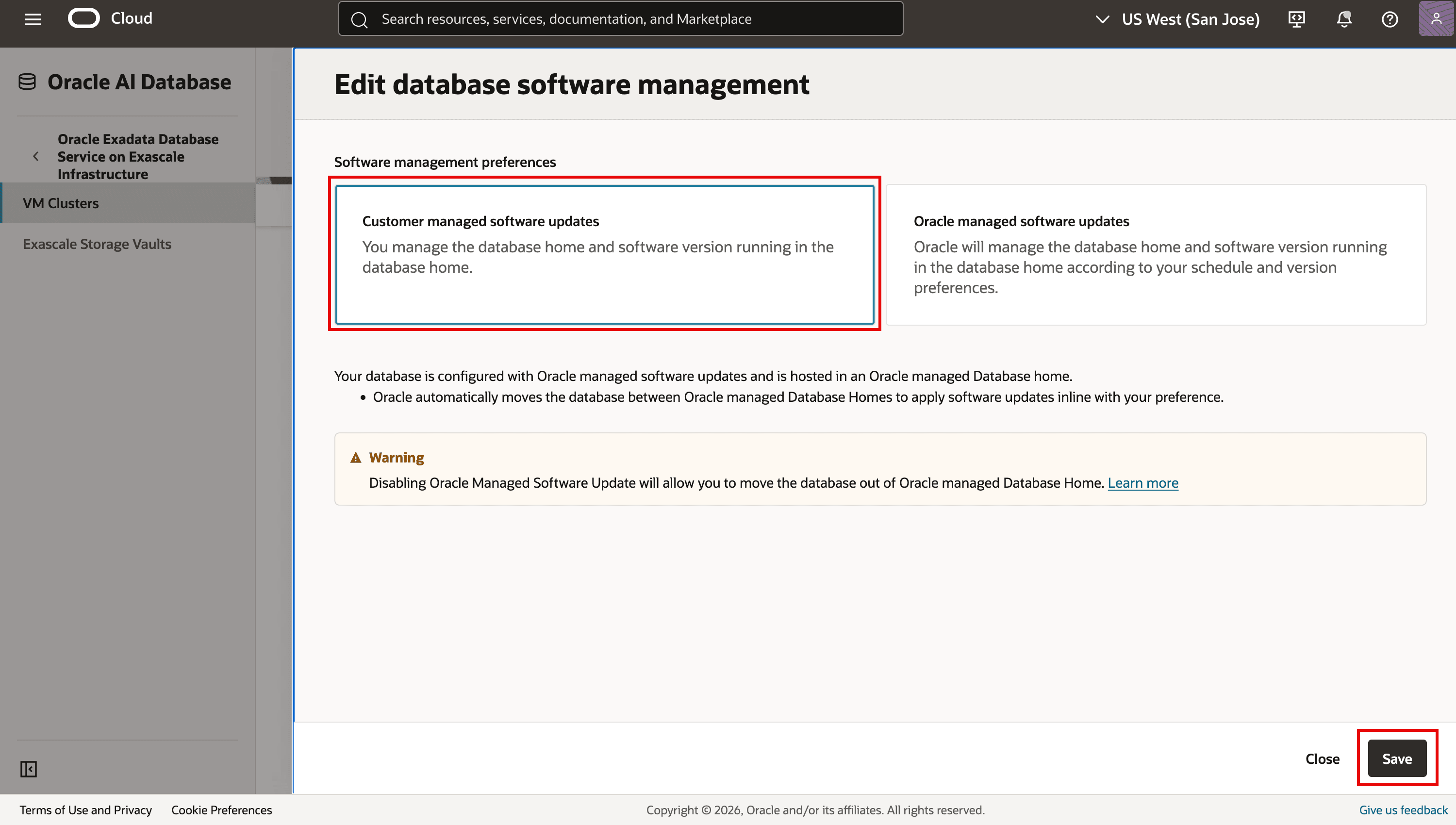 Modifica aggiornamenti gestiti dal cliente di Gestione software del database