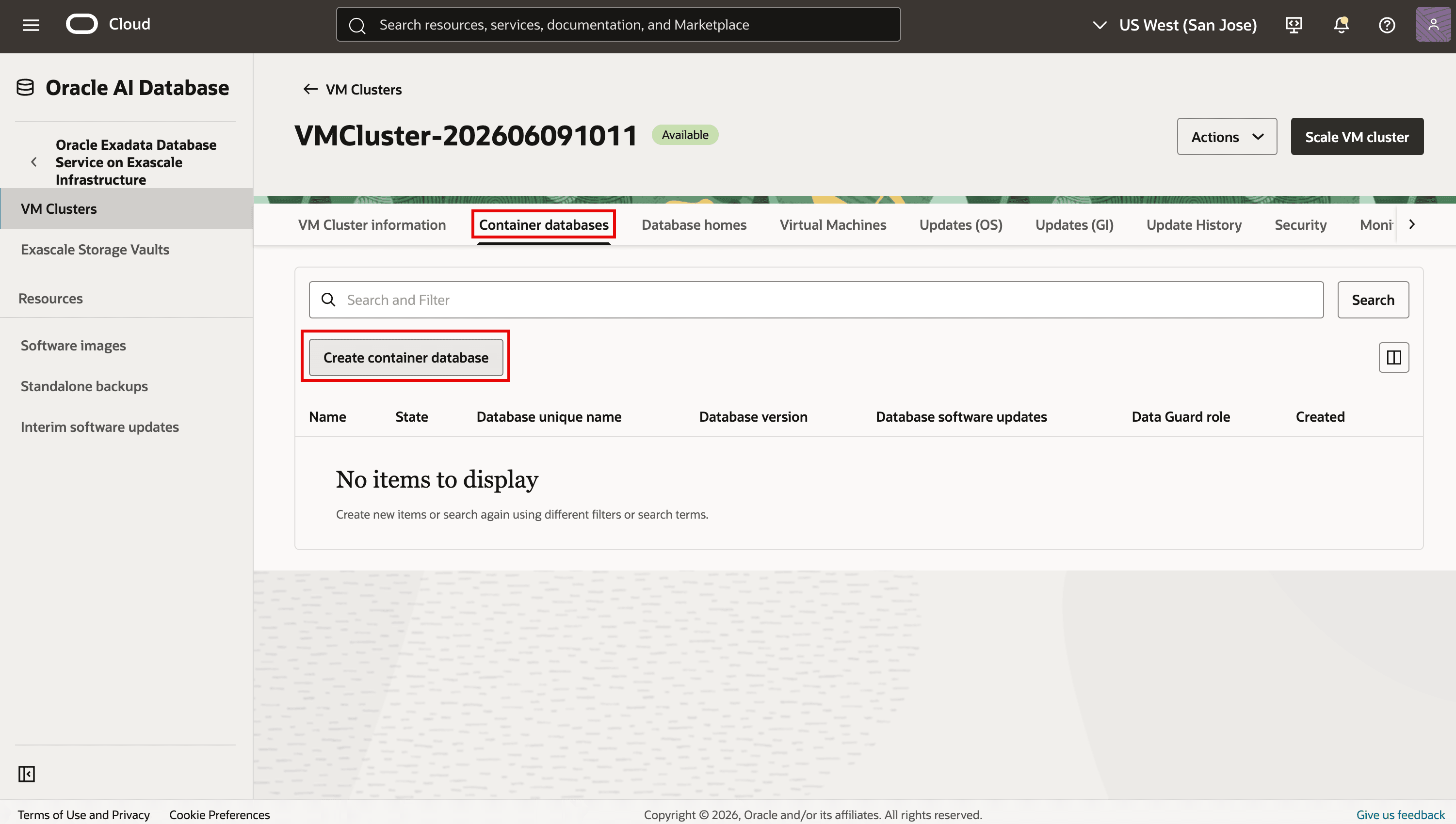 Scheda Container database cluster VM con Crea container database