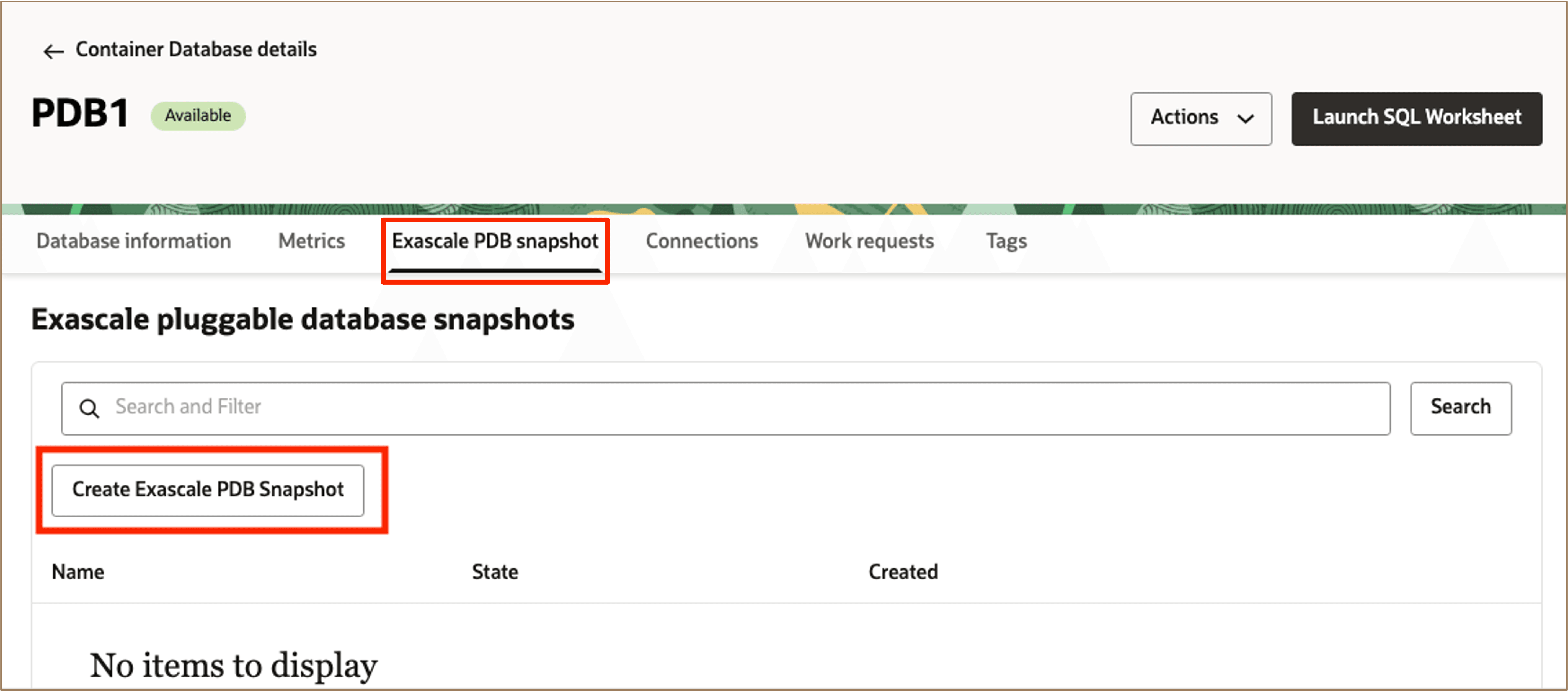 Immagine che mostra la creazione dello snapshot PDB Exascale