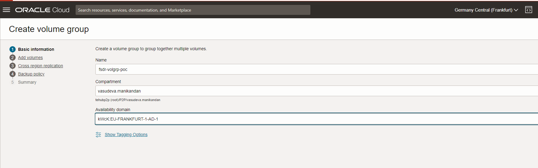 Crea gruppo di volumi in Ashburn