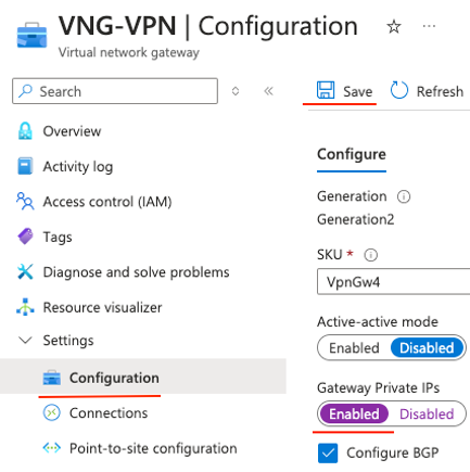 Abilita IP privato in VNG per VPN