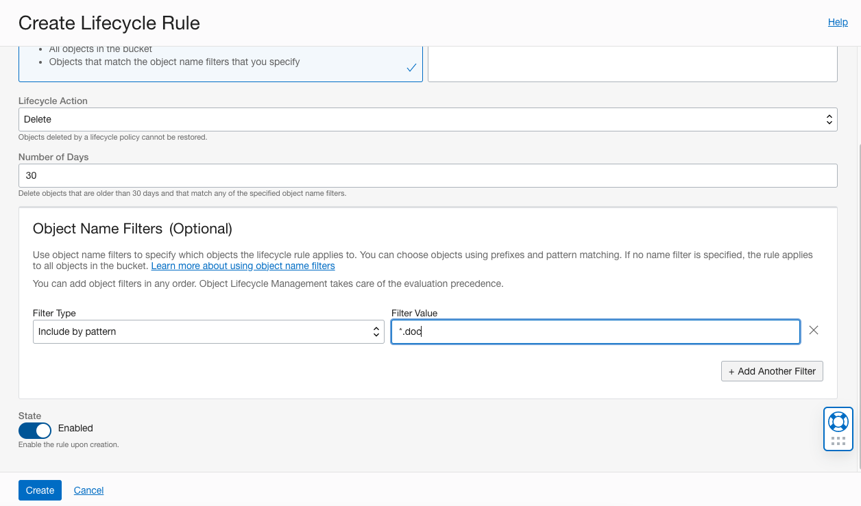 Crea inclusione pattern console regola ciclo di vita