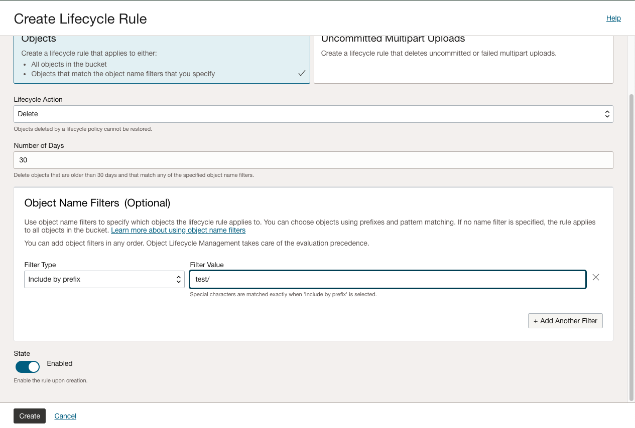 Crea prefisso console regola ciclo di vita
