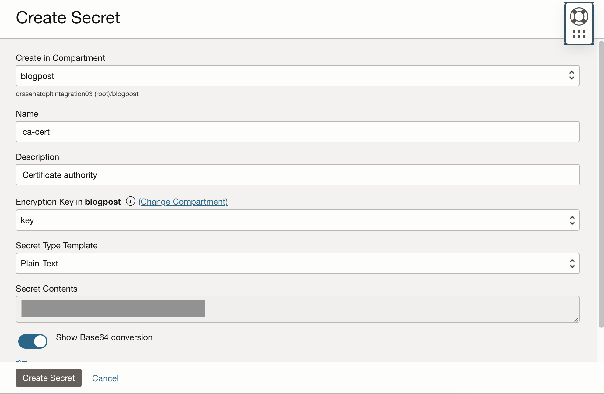Crea finestra Cert CA segreta