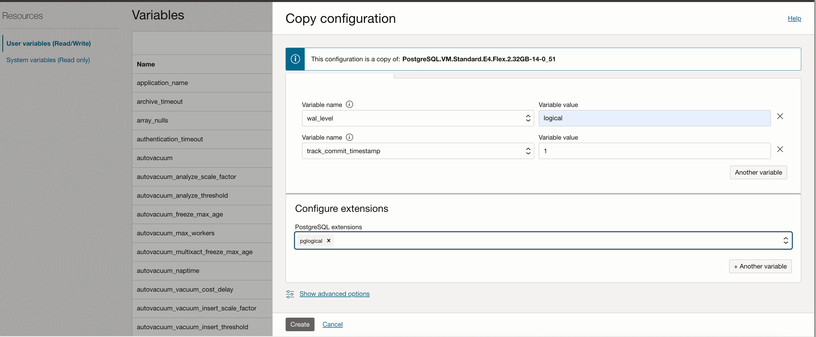 Mostra la parte inferiore della finestra di dialogo Copia configurazione con i nomi e i valori delle variabili e le estensioni PostgreSQL selezionate. Il pulsante Crea si trova in basso.