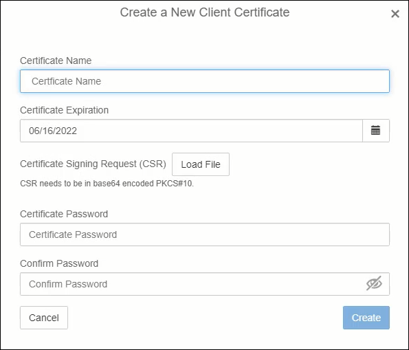 SCHERMATA CREA NUOVO CERTIFICATO CLIENT