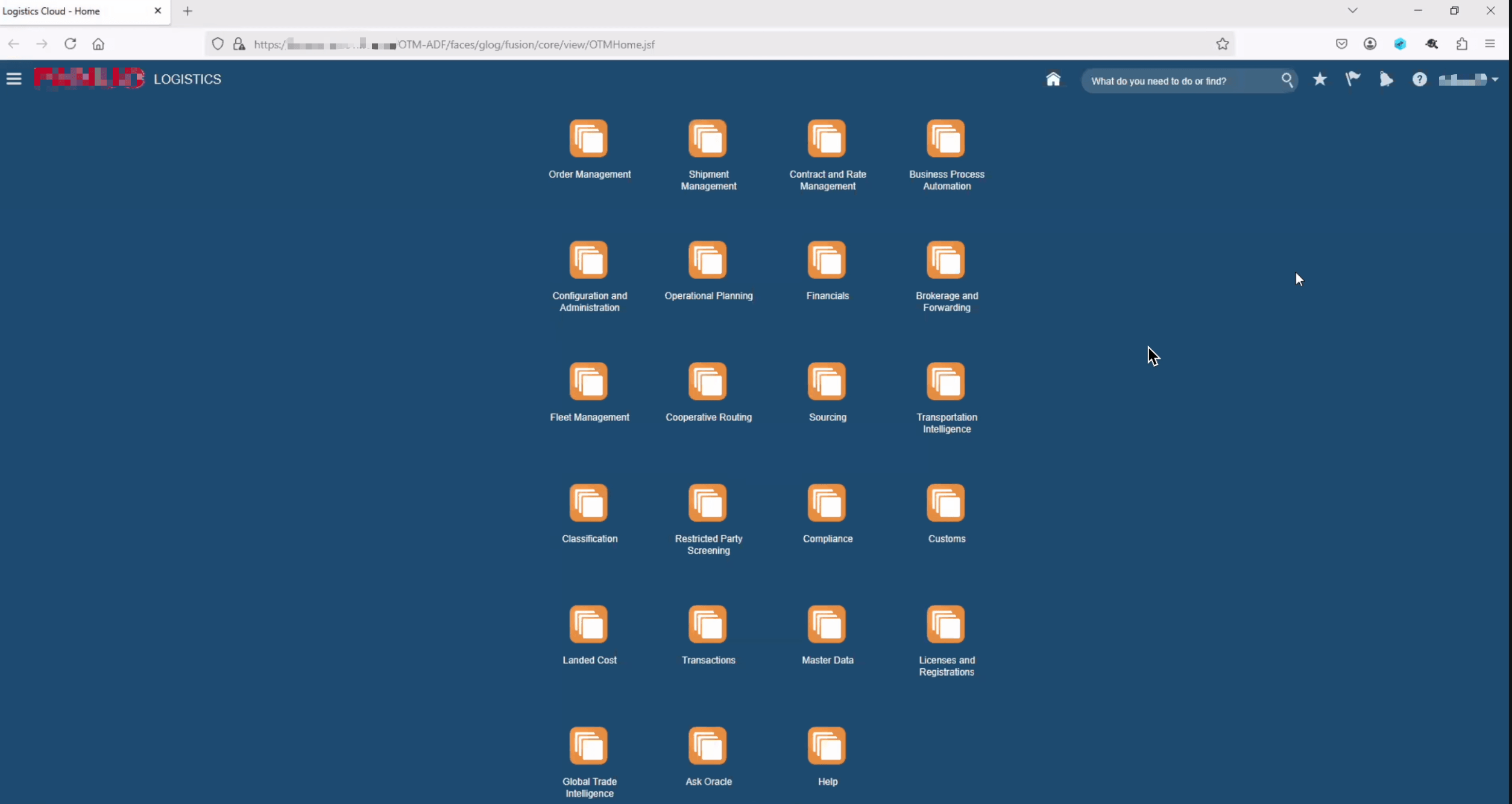Console di Oracle Transportation Management.
