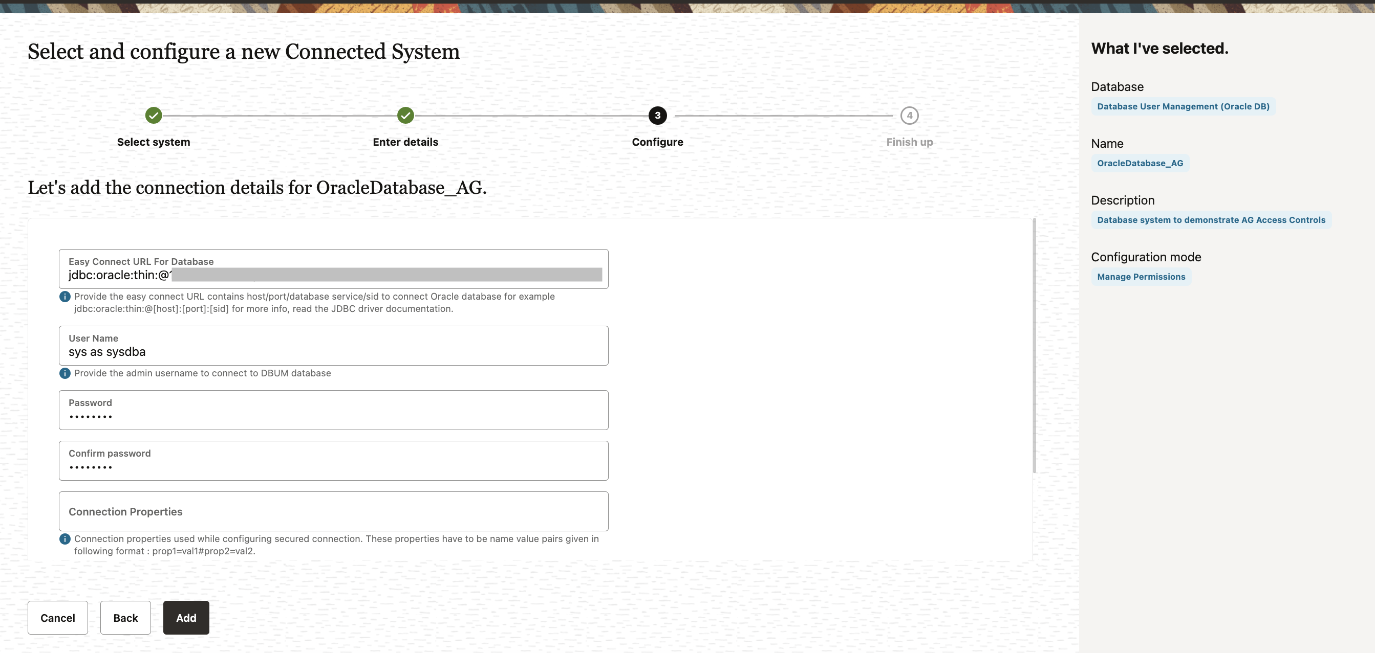 Immettere i dettagli per il database Immettere i dettagli per il database
