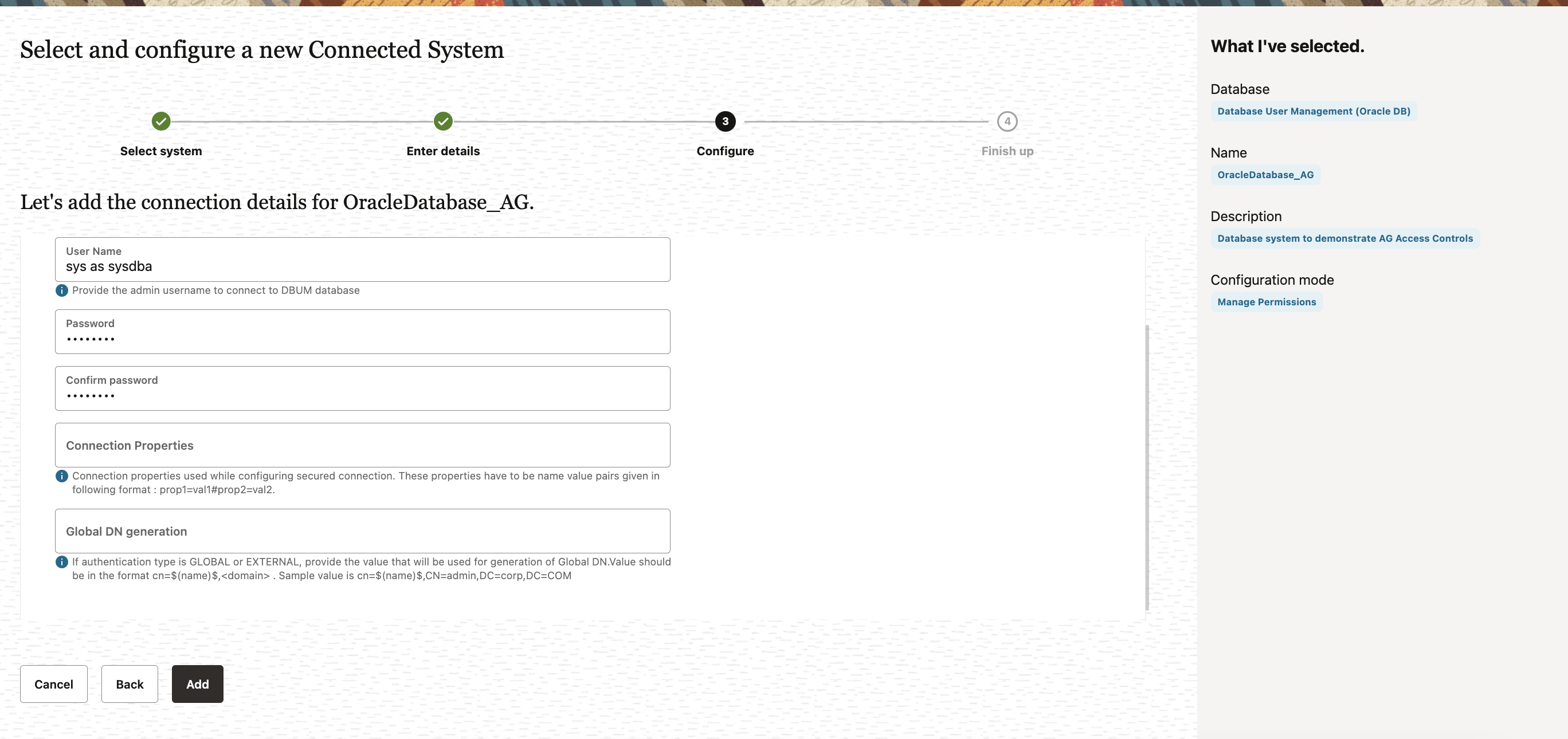 Immettere i dettagli per il database Immettere i dettagli per il database