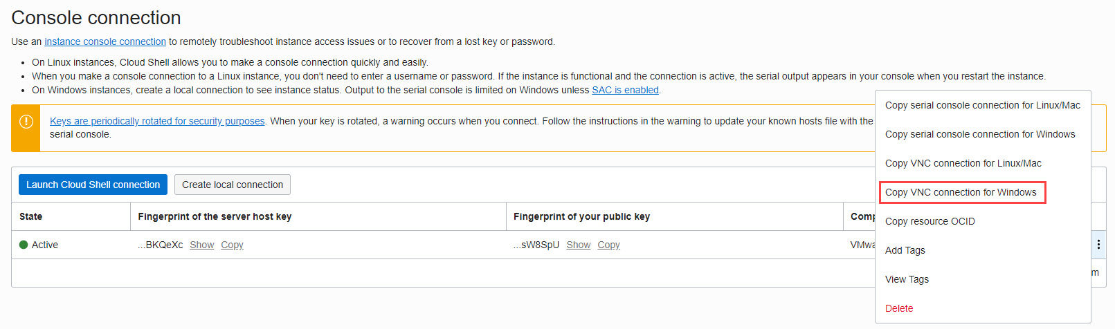 Copia il comando di connessione VNC per la connessione