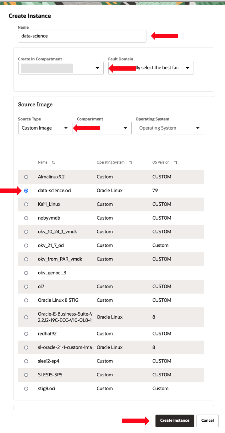 Creazione di un'istanza di computazione in Oracle Compute Cloud@Customer Immagine 12b