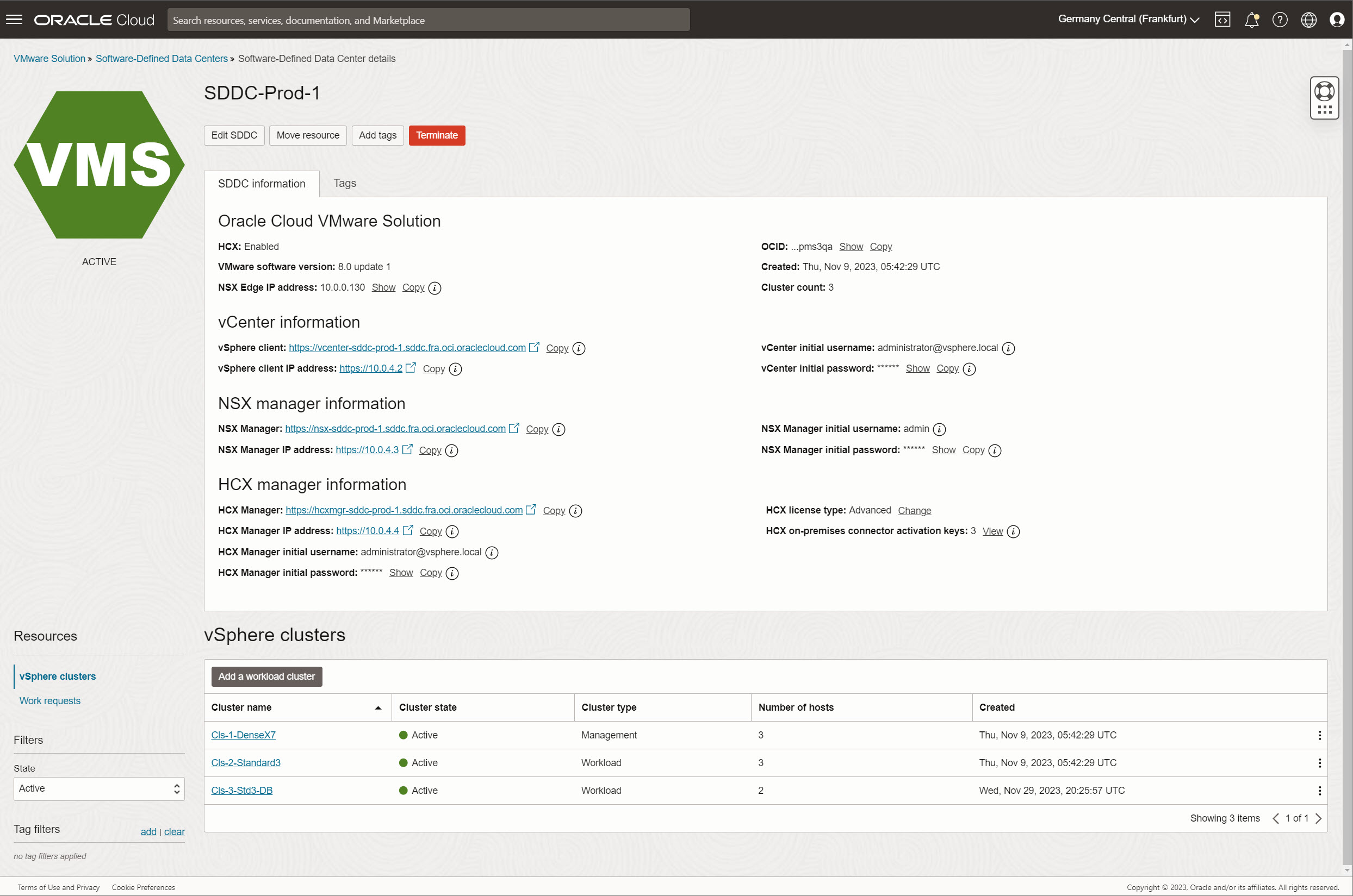 Pagina Dettagli SDDC dopo distribuzione cluster