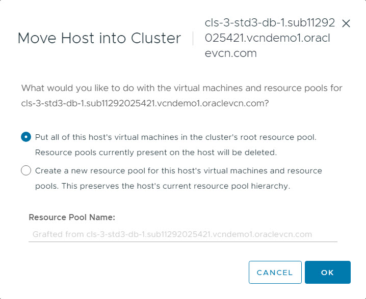 Sposta host nel cluster - Opzione