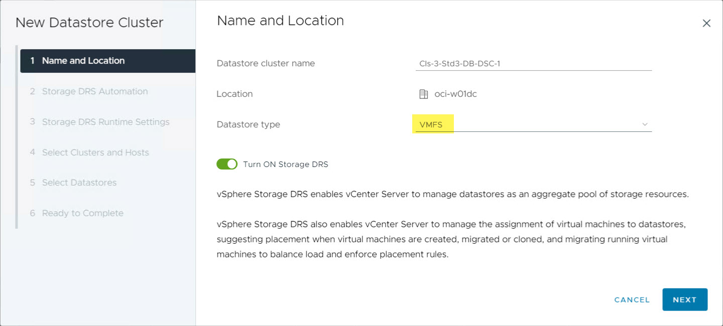 Crea nuovo cluster datastore - Nome