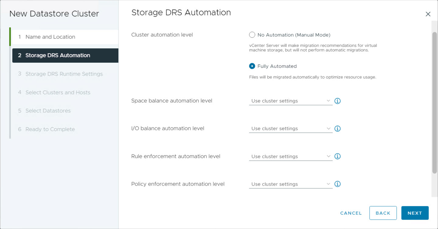 Crea nuovo cluster datastore - SDRS