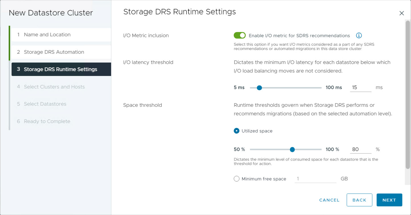 Crea nuovo cluster datastore - Impostazioni SDRS