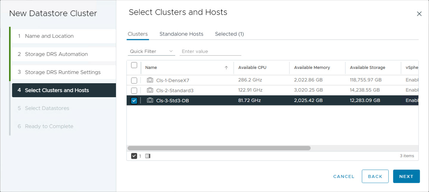 Crea nuovo cluster di data store - Seleziona cluster e host