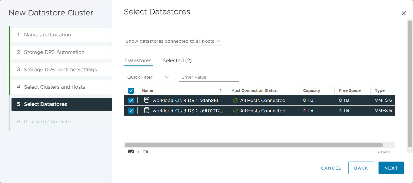 Crea nuovo cluster datastore - Seleziona datastore