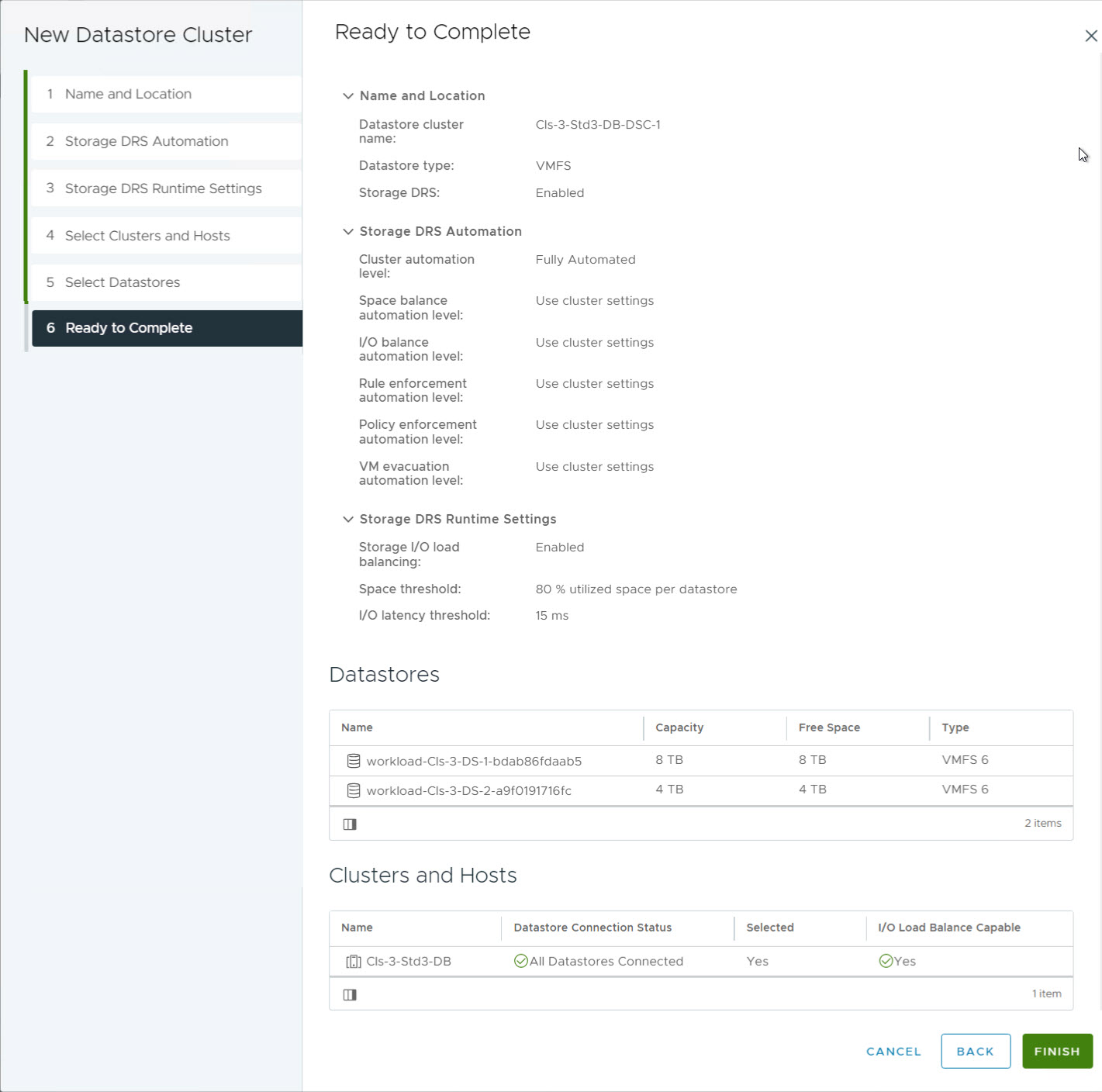 Crea nuovo cluster datastore - Revisione