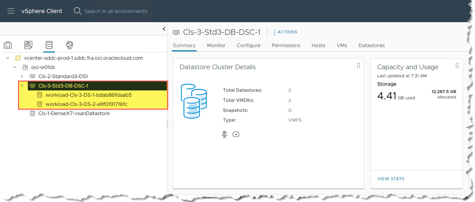 Nuova pagina Riepilogo cluster datastore