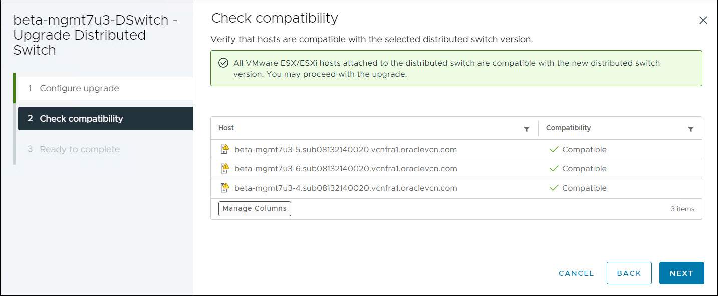 Controllo compatibilità vDS cluster di gestione upgrade