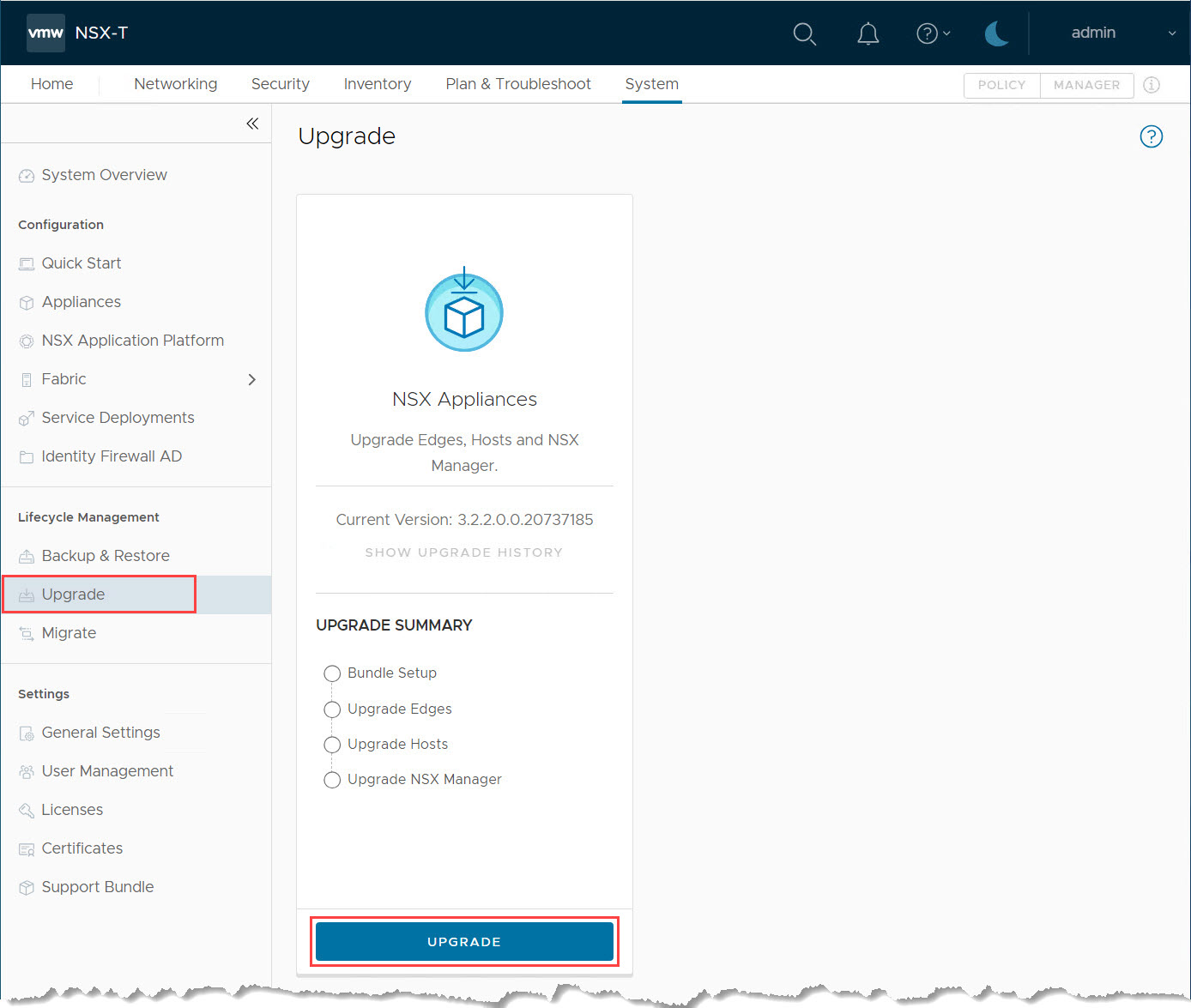 Avvia aggiornamento NSX