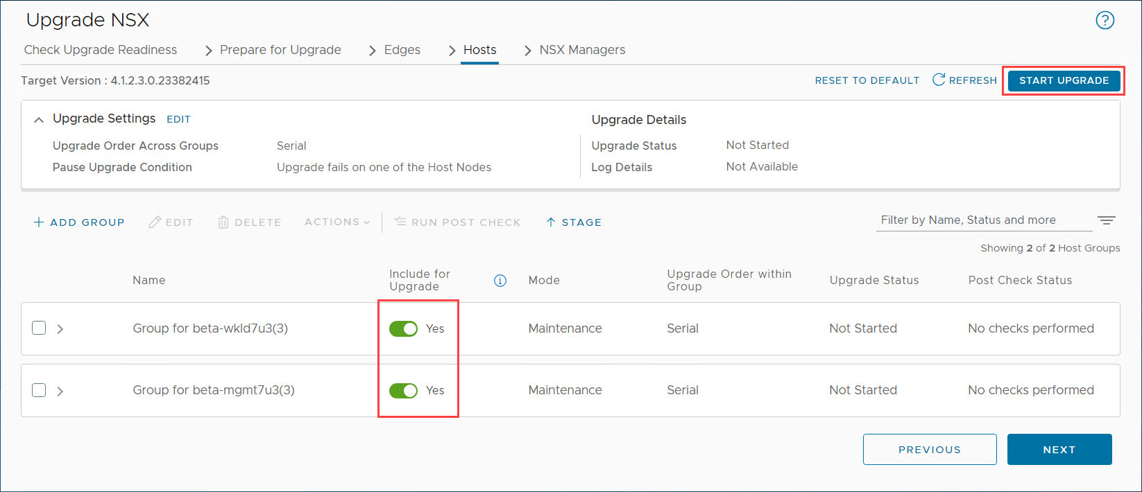 Inizio aggiornamento host NSX