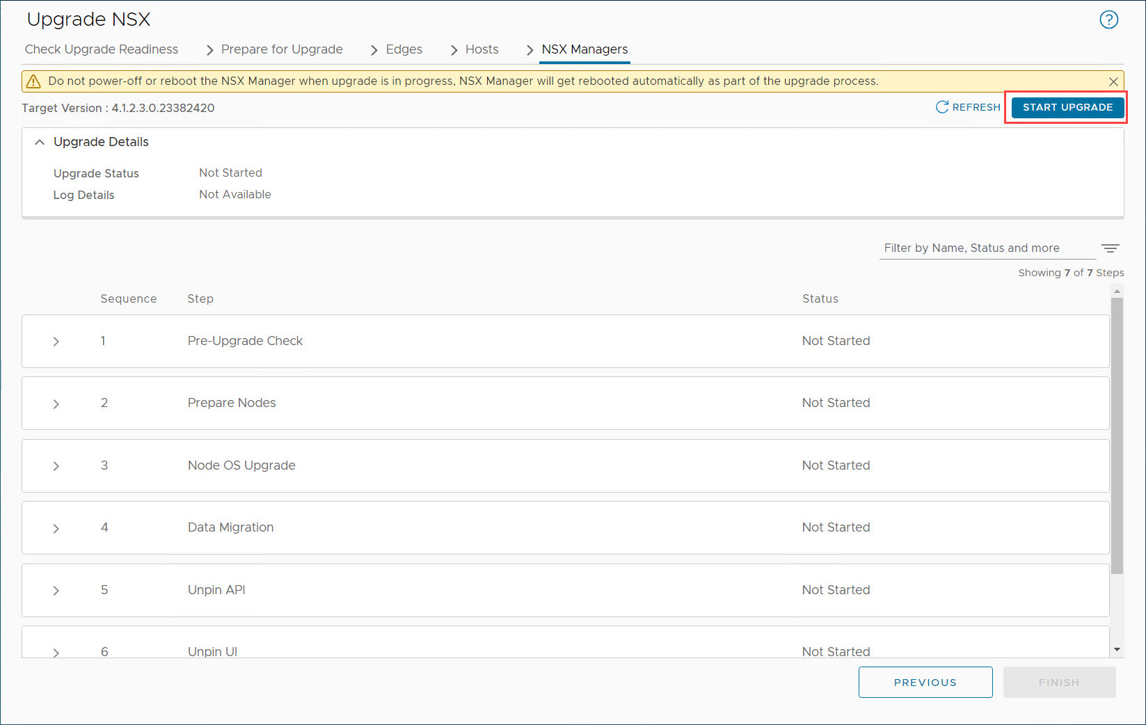 Avvio aggiornamento NSX Manager