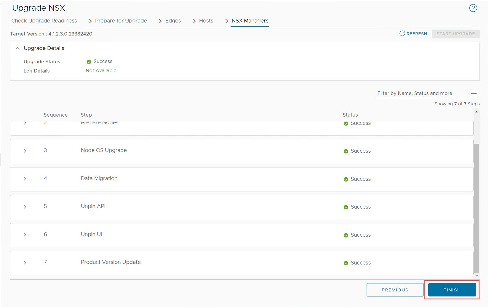 Aggiornamento di NSX Manager completato