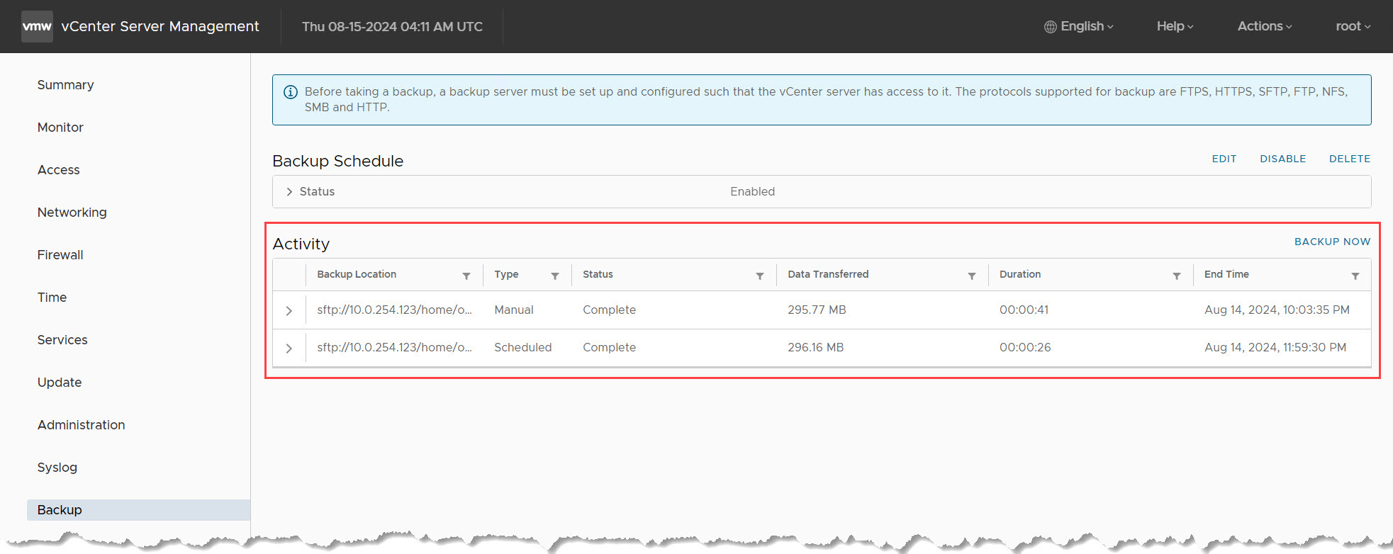 vCenter Backup valido