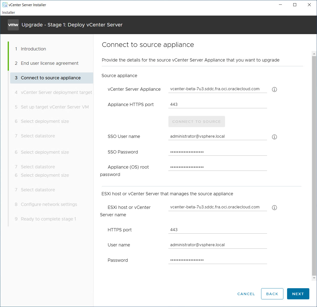 vCenter Upgrade Stage1: connettersi all'appliance di origine