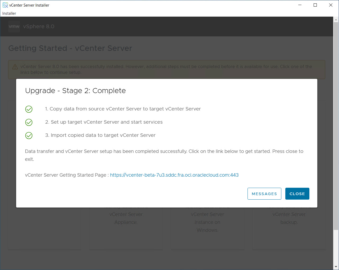 vCenter Aggiornamento completato