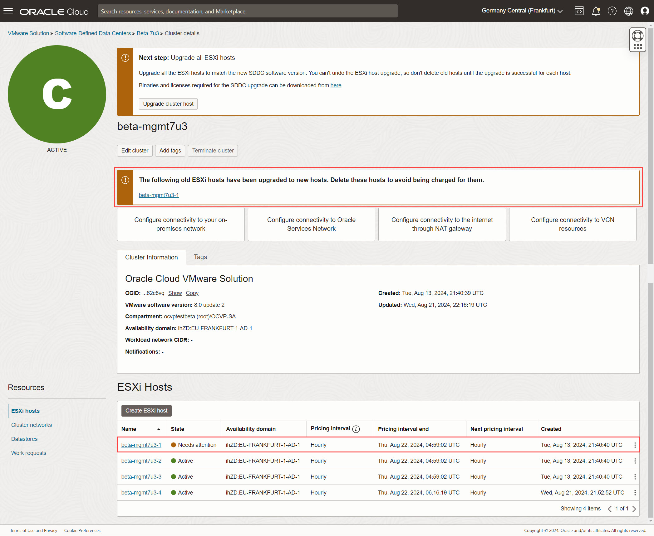Eliminazione host cluster di gestione necessaria