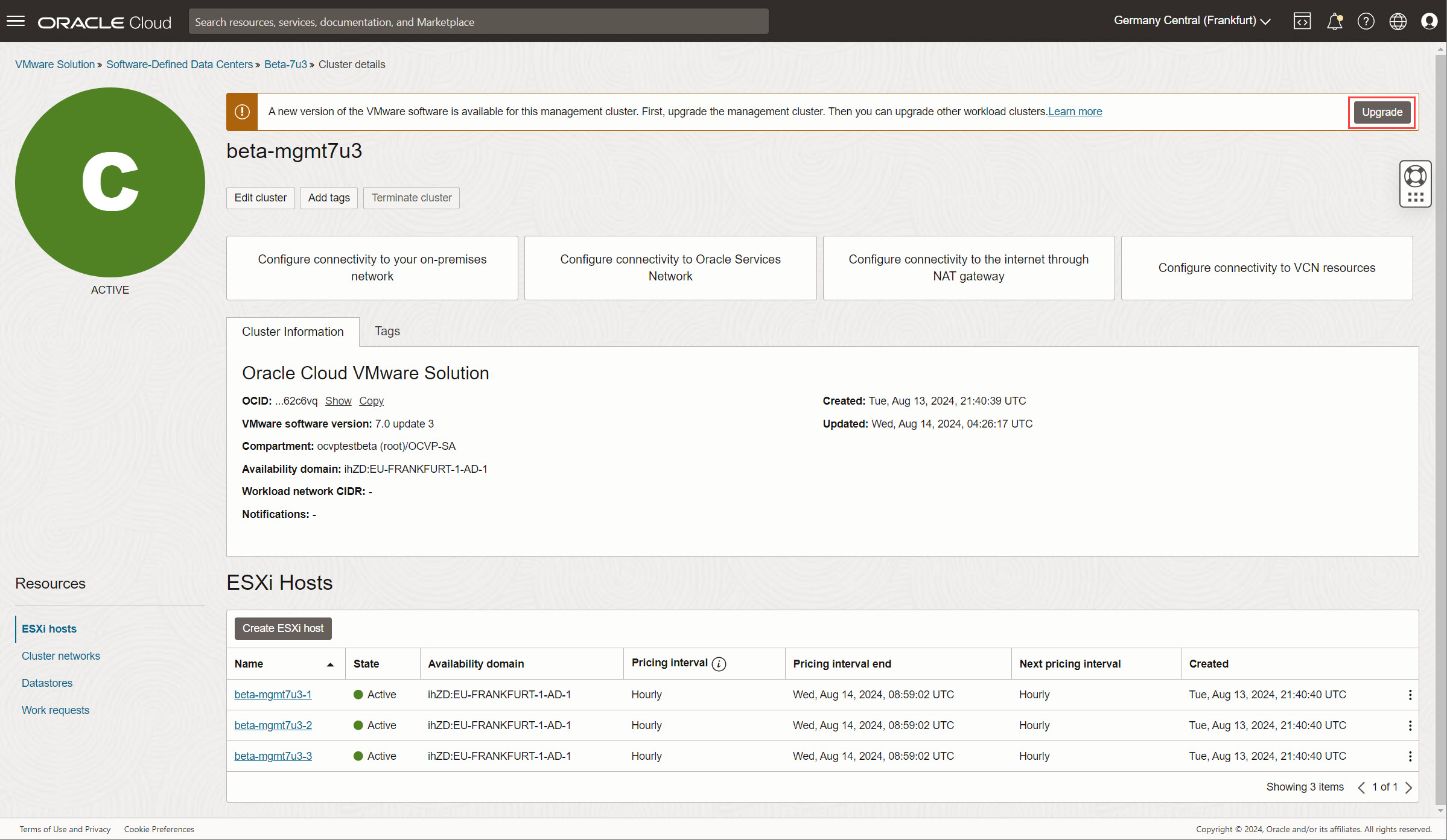 Avvio dell'upgrade del cluster di gestione