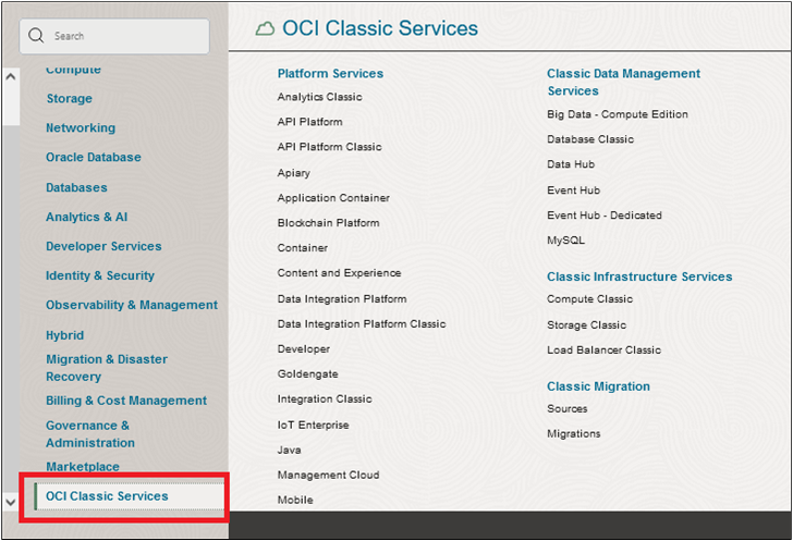 OCI Classicサービスのオプションが表示されたナビゲーション・メニュー