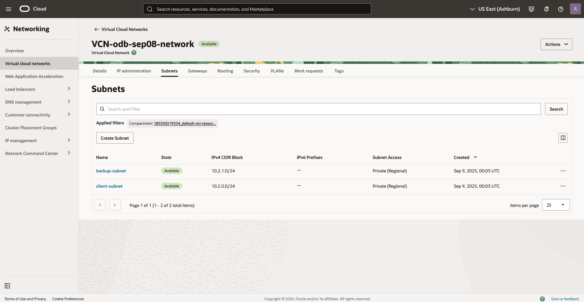 このスクリーンショットは、VCNの詳細を示しています。 このスクリーンショットは、VCNの詳細を示しています。