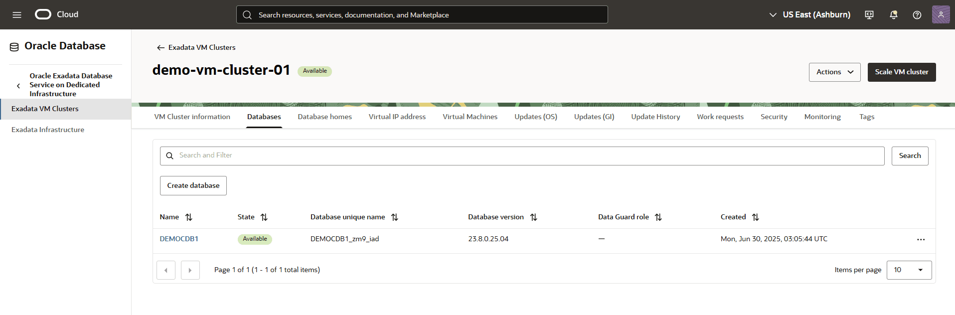 このスクリーンショットは、Exadata Databaseの作成の最終ステップを示しています。