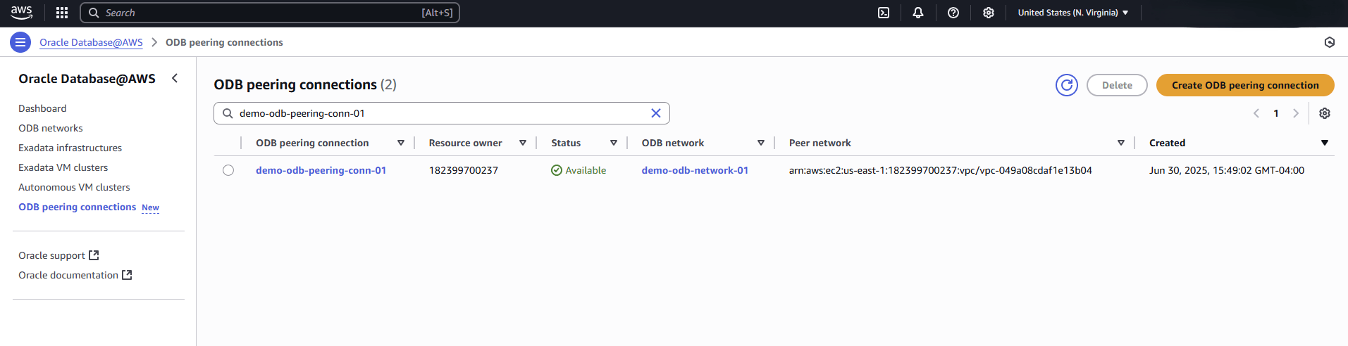 このスクリーンショットは、ODBピアリング接続の作成の最後の部分を示しています。